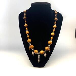 Vintage Natural Round Brown Wood Bead  Necklace Charm Screw On Closure B#6